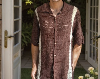 Ready to ship Brown Knitted Shirt, Crochet Unisex Shirt, Crochet summer beach shirt, Crochet Vintage Style Men Shirt, Crochet Sweater Men