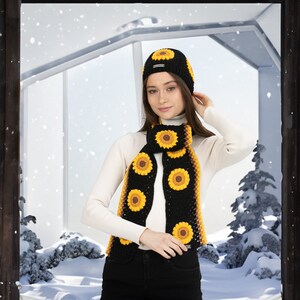 Black Sunflower Scarf, Hand Knit Winter Set, Crochet Woman Beanie, Granny Square Scarf, crochet flower scarf, Knit Afghan Scarf