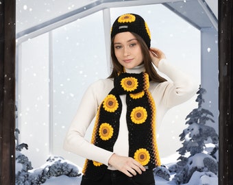 Black Sunflower Scarf, Hand Knit Winter Set, Crochet Woman Beanie, Granny Square Scarf, crochet flower scarf, Knit Afghan Scarf
