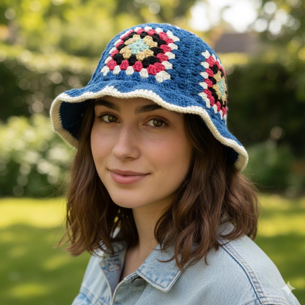 Blue Colorful Crochet Granny Square Bucket Hat, Handmade Boho Summer Hat, Retro 70s Style Knit Cap, Festival Accessory, Unique Gift for Her