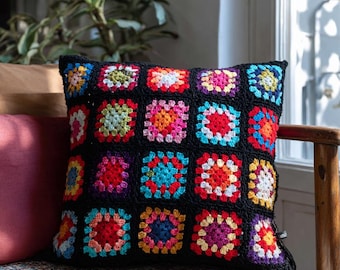 Funda de almohada de ganchillo negra, funda de almohada acogedora de punto afgano, almohada retro con motivos cuadrados de la abuela