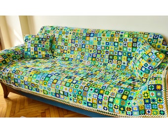 Grüne häkeln Afghan Decke, Oma Quadrat Tagesdecke werfen, Patchwork gestrickte Sofadecke, große gehäkelte Decke, Vintage Decke