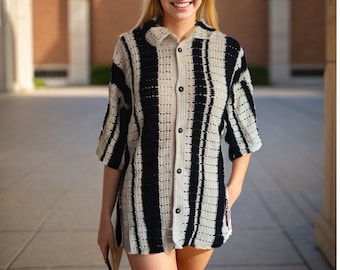 Ready to ship Black and white Crochet Woman Shirt, Knitted Unisex Shirt, Crochet summer beach shirt, Crochet Vintage Style