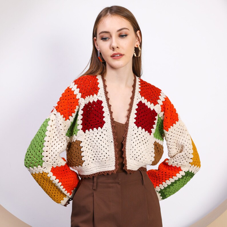 Bohem color Crochet Crop Jacket, Knitted Boho Top, Granny Square Sweater, Valentine's Day gift, Knit Patchwork Jacket image 4