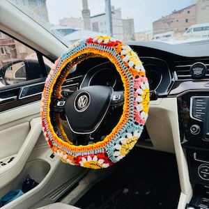 Orange Crochet Daisy Steering Wheel Cover, Daisy Flower Steering Wheel Cover, Crochet Accessories Fathers Day