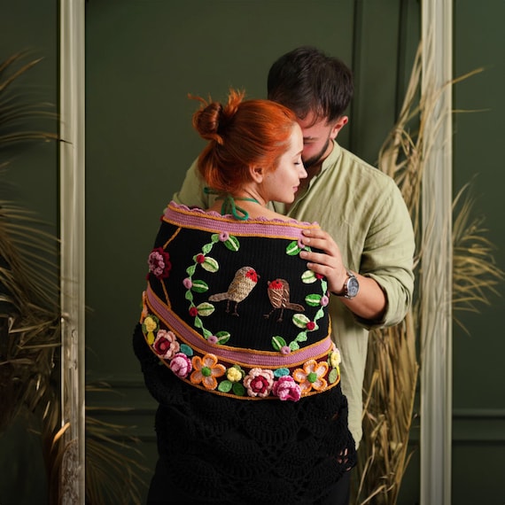 Black 3d Flowers Crochet Shawl, Knitted Birds Shawl, Women Knit Cotton Shawl, Cotton Wrap, woman knitted shawl, flowers crochet wrap