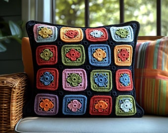 Floral Granny Square Pillow, Handmade Crochet Daisy Cushion Cover, Colorful Patchwork Throw Pillow