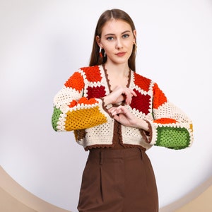 Bohem color Crochet Crop Jacket, Knitted Boho Top, Granny Square Sweater, Valentine's Day gift, Knit Patchwork Jacket image 5