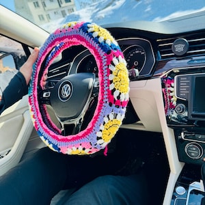 Orange Crochet Daisy Steering Wheel Cover, Daisy Flower Steering Wheel Cover, Crochet Accessories Fathers Day Lilac