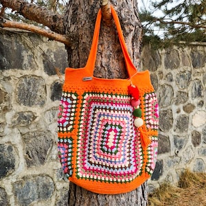 Crochet Purse, Knitted Colorful Bag, Granny Square Tote Bag, Knit Afghan Bag, Crochet Handmade, Shoulder Bag, Hippie Bag, Market Bag