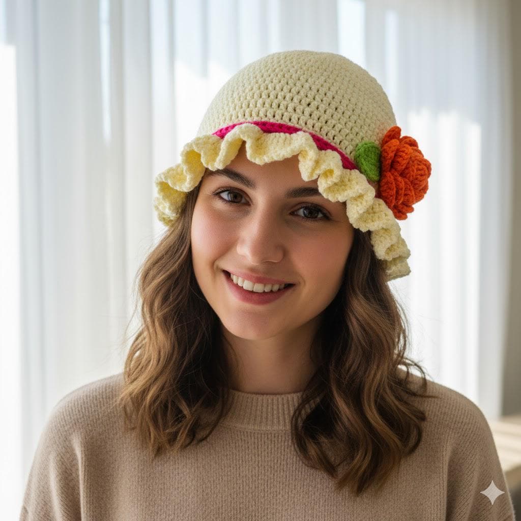 Crochet Flower Hat, Handmade Beanie With Orange Rose, Cute Ruffled