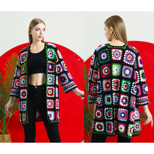 Black Patchwork Jacket, Granny Square Crochet Cardigan, Knitted women Cardigan, Knit Coat, Cardigan sweaters for women, Afghan Crochet