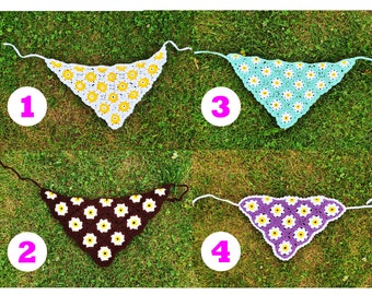 Crochet Bandana, Daisy Hair Kerchief, Hair Scarf, Crochet Hair Accessory, Summer Beach Retro Bandana, Mothers Day
