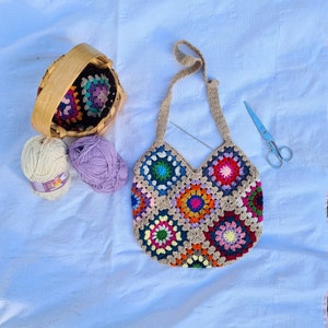 Granny Square Brown Bag, Crochet Bag Afghan, Summer Beach Bag, Hobo Bag ...