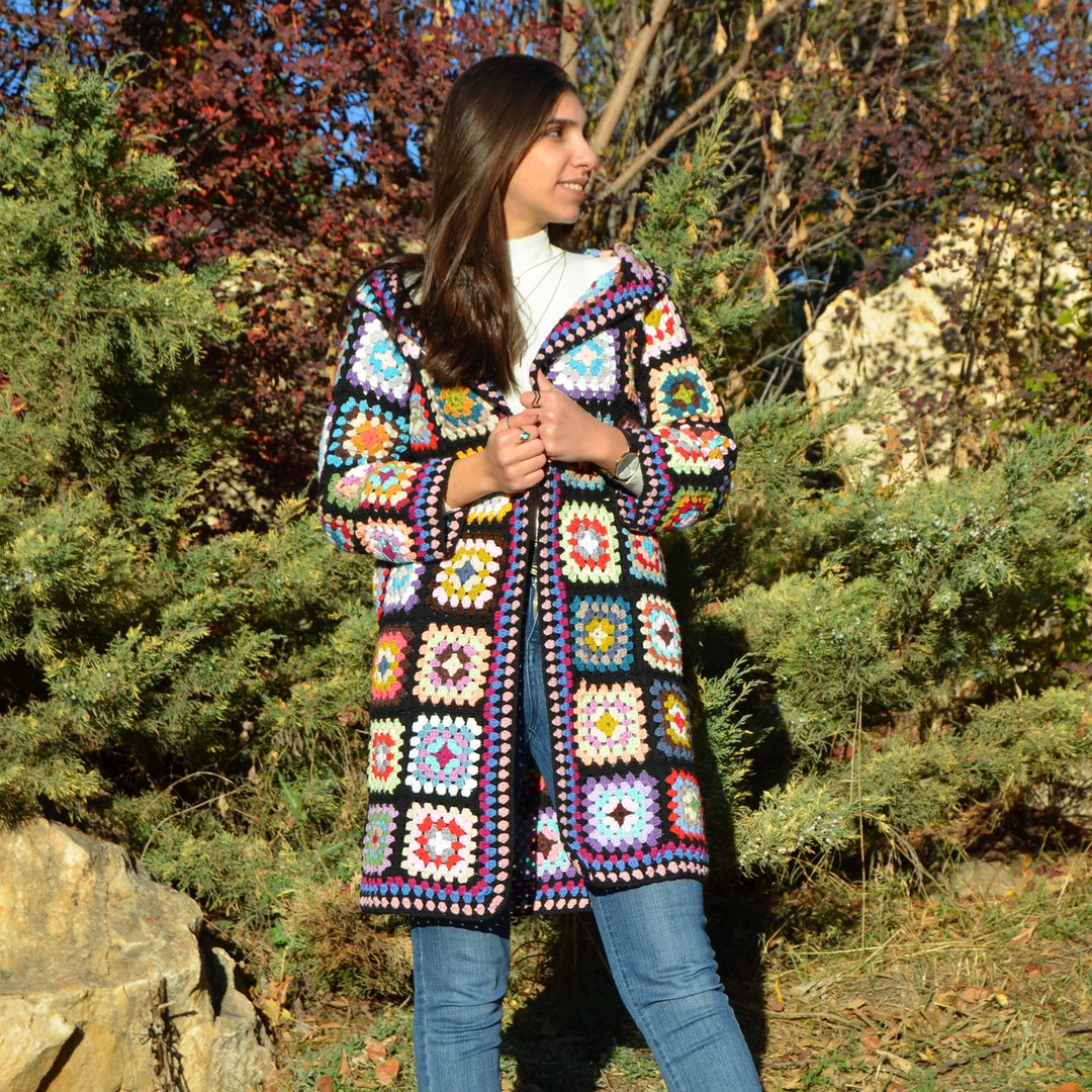 Granny Square Afghan Cardigan, Wool Patchwork Cardigan, Knitted