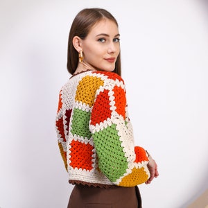 Bohem color Crochet Crop Jacket, Knitted Boho Top, Granny Square Sweater, Valentine's Day gift, Knit Patchwork Jacket image 8