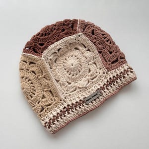 Crochet brown Beanie, Granny Square Beanie, Pink Crochet Hat, Knit Afghan Beanie, Colorful Knitted beanie