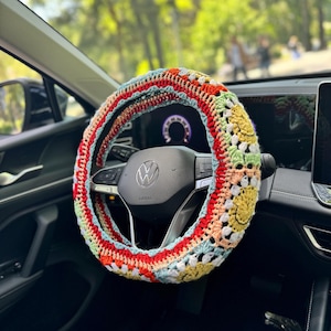 Orange Crochet Daisy Steering Wheel Cover, Daisy Flower Steering Wheel Cover, Crochet Accessories Fathers Day Red