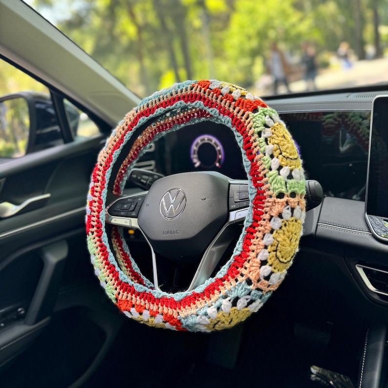Orange Crochet Daisy Steering Wheel Cover, Daisy Flower Steering Wheel Cover, Crochet Accessories Fathers Day Red