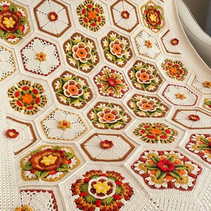 May include: A crocheted blanket with a hexagonal pattern featuring a variety of colorful flowers in shades of red, orange, yellow, green, and brown. The blanket is made with a white yarn and has a delicate, lacy texture.