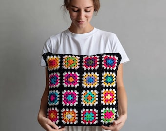 Colorful Crochet Pillow Cover, Afghan Knitted Cozy Pillow Cover, Granny Square motifs Retro Pillow
