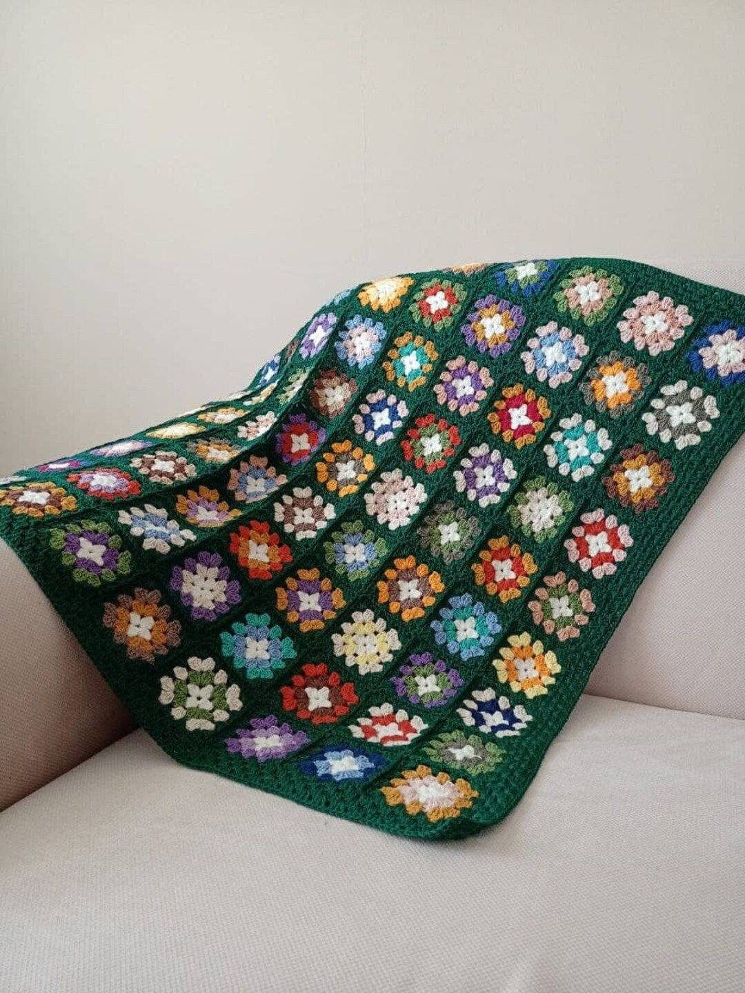Granny Square Knitted Blanket Green Crochet Afghan Blanket Etsy