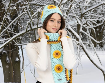 Blue Sunflower Crochet Woman Scarf Beanie Set, Granny Square Hat, Knitted Scarf, crochet flower scarf, Knit Afghan Scarf, Winter accessory