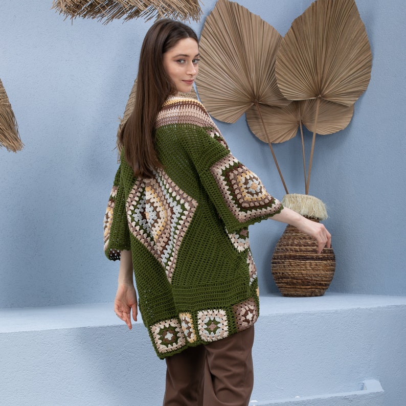 Crochet Green Kimono Granny Square Afghan Cardigan Knitted Etsy