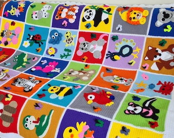 Manta tejida con animales para recién nacidos, manta tejida a crochet para bebé, animales del zoológico de safari tejidos, manta tejida colorida para bebé, ropa de cama para cochecito de bebé