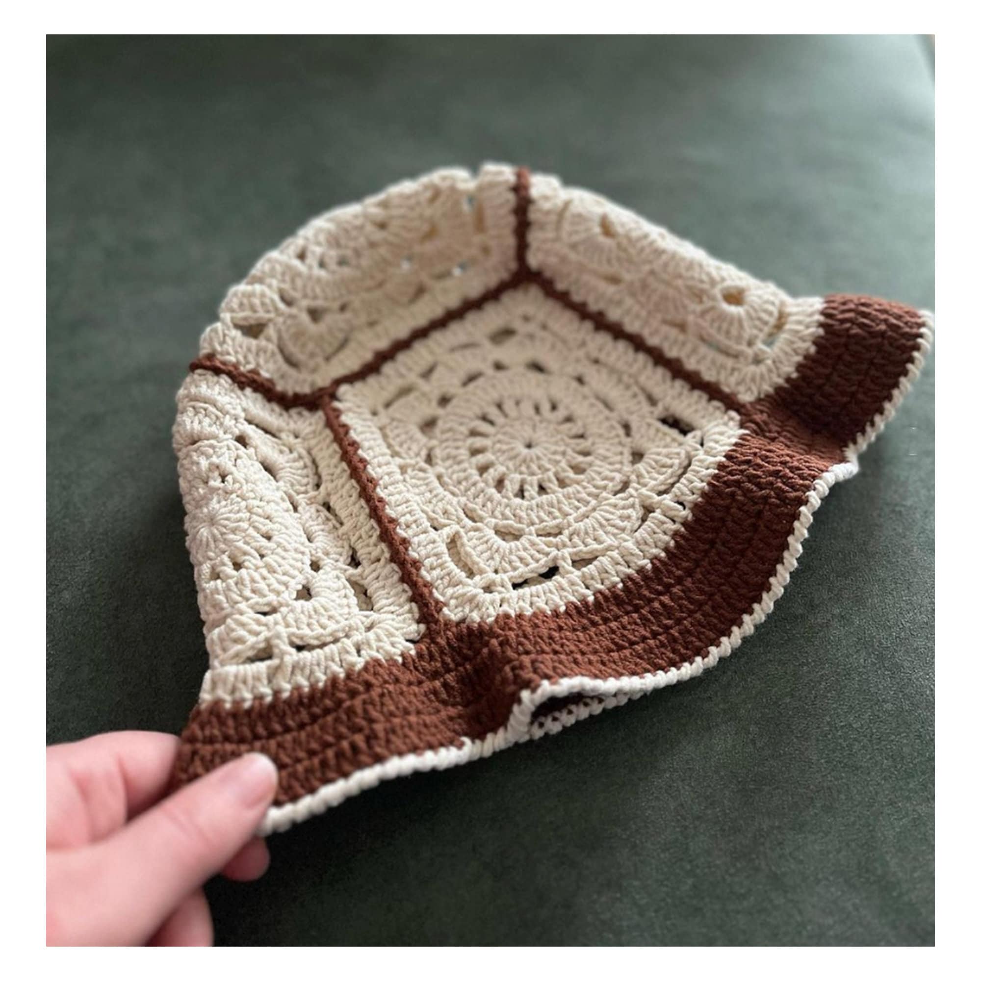 Crochet Bucket Beanie Hat Granny Square Pattern Brown Handmade New Foldable Crochet African Flower Bucket Hat Pattern: Beginner Friendly  main image 2