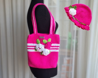 Ready to ship Pink Knitted Rose Bag and Hat set, Crochet Shoulder Rose Bags, Hand Knit Floral Bag, Colorful Daisy Knitted Bag, Women bag
