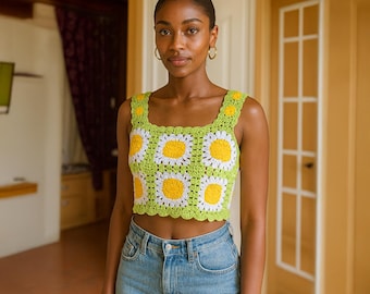 Chalecos de crochet verdes, chaleco vintage de punto, top bohemio de cuadros de abuela, suéter de patchwork de punto, crochet de punto, estilo bohemio
