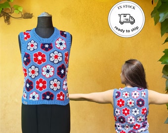 Ready to ship Blue African Flower Crochet Vest, Knitted Patchwork Sweater, Festival Vest, Granny Square Boho Top,  Knitted Crochet, Boho