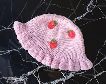 Pink Strawberry Knitted Bucket Hat, Crochet Strawberry Hat, Hand made bucket beanie, Cute Fruit Crochet Hat, Christmas Gift