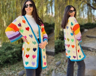 Crochet Heart Cardigan, Granny Square Heart Cardigan, love Heart Cardigan, hand knitted cardigan, crochet jacket for women