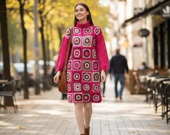 Versandfertig Rosa Oma Quadrat Patchwork Langes Kleid, gestrickte Tank Kleid häkeln, Rollkragen Strickkleid, Frau gestrickte Kleidung zu versenden