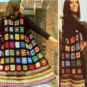 Black Granny Squares Long Waistcoat Tunic, Black Crochet Afghan Cardigan, Vintage Crochet Cotton Patchwork Coat Women, Women Cardigan