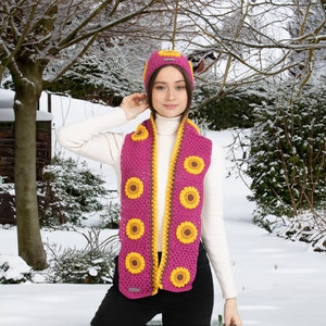 Fuchsia Sunflower Crochet Beanie, Woman Hand Knit Hat, Hand Knit Scarf, Crochet Woman Scarf, Afgab Style Scarf, crochet flower scarf