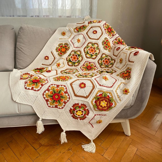 Bohem Color Crochet Frida Blanket, Knitted Sofa Blanket, Floral Bedspread Throw, Large crochet blanket, TV Blanket, Daisy knitted
