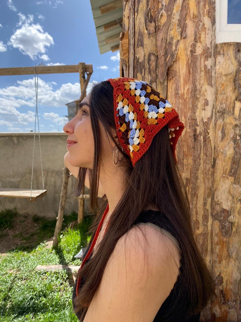 Haak Bandana, Zara Model Haar Hoofddoek, Oranje Haar Sjaal, Haak Haar Accessoire, Summer Beach Retro Bandana, Moederdag afbeelding 6