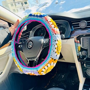 Orange Crochet Daisy Steering Wheel Cover, Daisy Flower Steering Wheel Cover, Crochet Accessories Fathers Day Blue 2