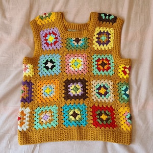 Crochet Vests, Granny Square Boho Top, Knitted Patchwork Sweater, Knitted Crochet, Boho Style Sweater, Hippie Festival Mustard