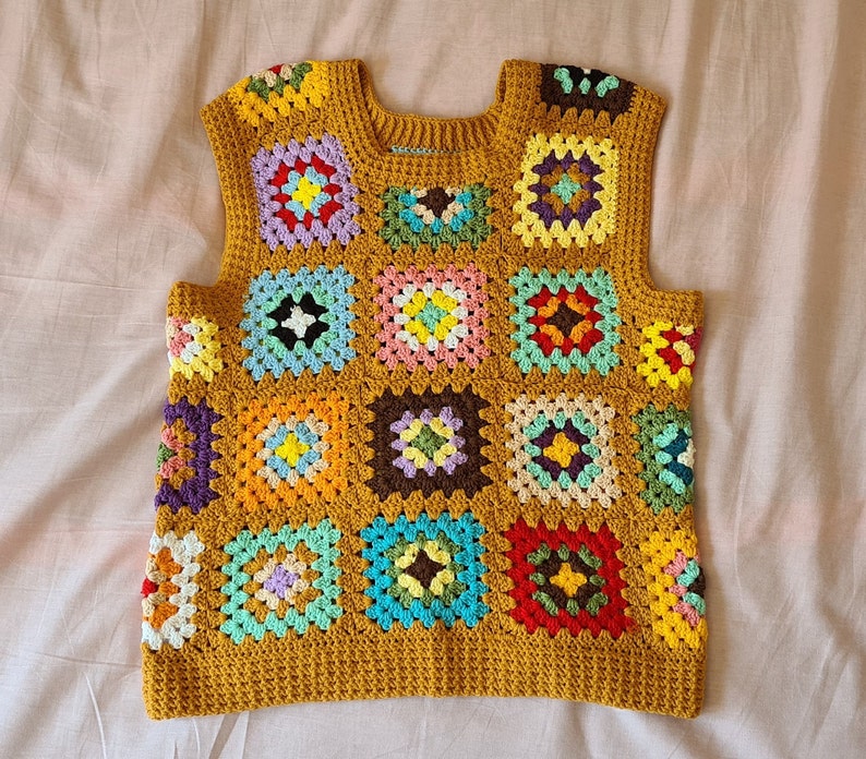 Crochet Vests, Granny Square Boho Top, Knitted Patchwork Sweater, Knitted Crochet, Boho Style Sweater, Hippie Festival Mustard