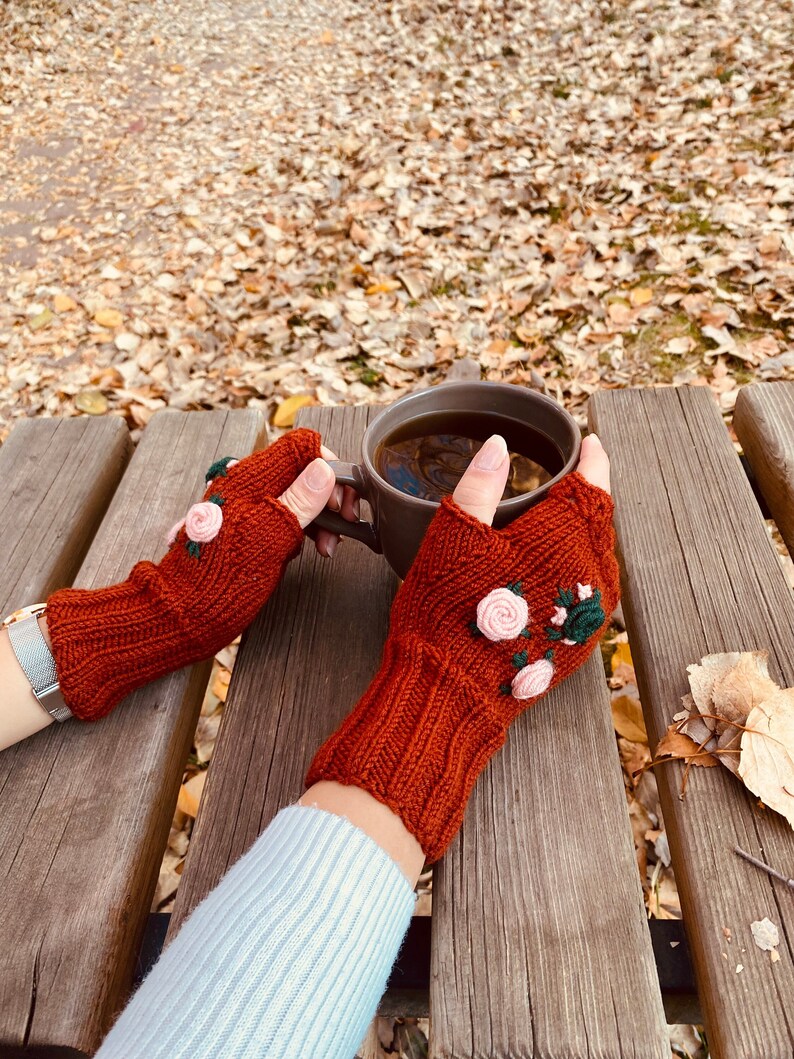 Taba Earth Crochet Fingerless Gloves, Knitted floral winter gloves, Half Finger Gloves, Womens Gloves, flower fingerless image 1