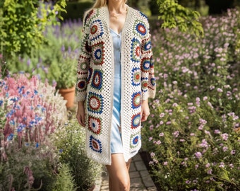 Beige Crochet Cardigan, Cotton Patchwork Long Coat, Knitted Crochet Coat, Granny Square Jacket, Woman Dress