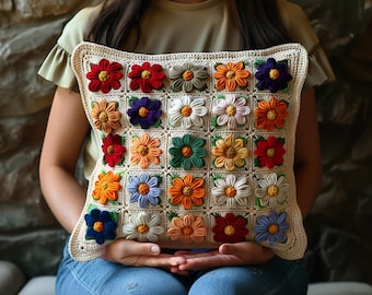 Handmade Crochet Daisy Pillow Cover, Colorful Floral Patchwork Cushion, Retro Granny Square Design