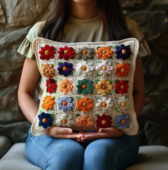 Kit Coussin Crochet DIY Motif Fleurs Coccinelle - Taie 43x43 Cm, Fils Inclus - Décoration Canapé, Chambre - Loisir Créatif