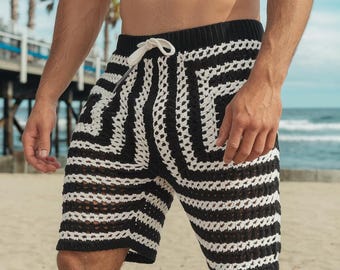 Pantalones cortos de punto para hombre, pantalones cortos de verano en blanco y negro tejidos a crochet, pantalones cortos hechos a mano, pantalones cortos étnicos coloridos para hombre, pantalones cortos de punto de verano, pantalones cortos hippies