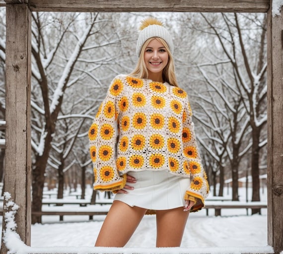 Beige Sunflower Winter Sweater, Knit Cotton Patchwork Sweater