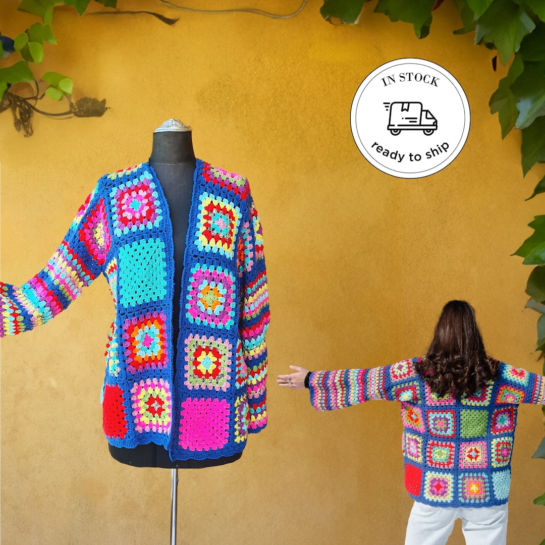 Ready to Ship Blue Knitted Patchwork Cardigan, Crochet Granny Square